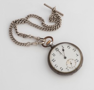 OMEGA antique pocket watch with Arabic numerals, subsidiary dial and gun metal case, together with a sterling silver fob chain, 19th century,