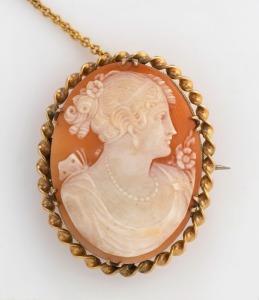 An antique cameo portrait brooch in 9ct yellow gold rope twist mount, 19th century, stamped "9ct", 3.25cm high