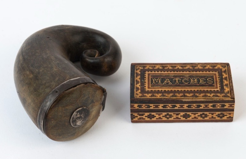 An antique silver and horn pocket snuff mull; together with an antique English Tunbridge Ware box emblazoned "MATCHES", 19th century, (2 items), ​​​​​​​the snuff mull 9cm high