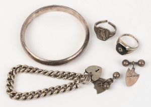 Antique silver bangle, bracelet, kookaburra ring, signet ring and shield shaped cufflinks, 19th and 20th century, ​​​​​​​80 grams total