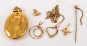 An antique yellow gold locket, 9ct gold and diamond pendant, 9ct gold chain with heart pendant set with stones, two gold charms and a stickpin, 19th and 20th century, (6 items), 20 grams total