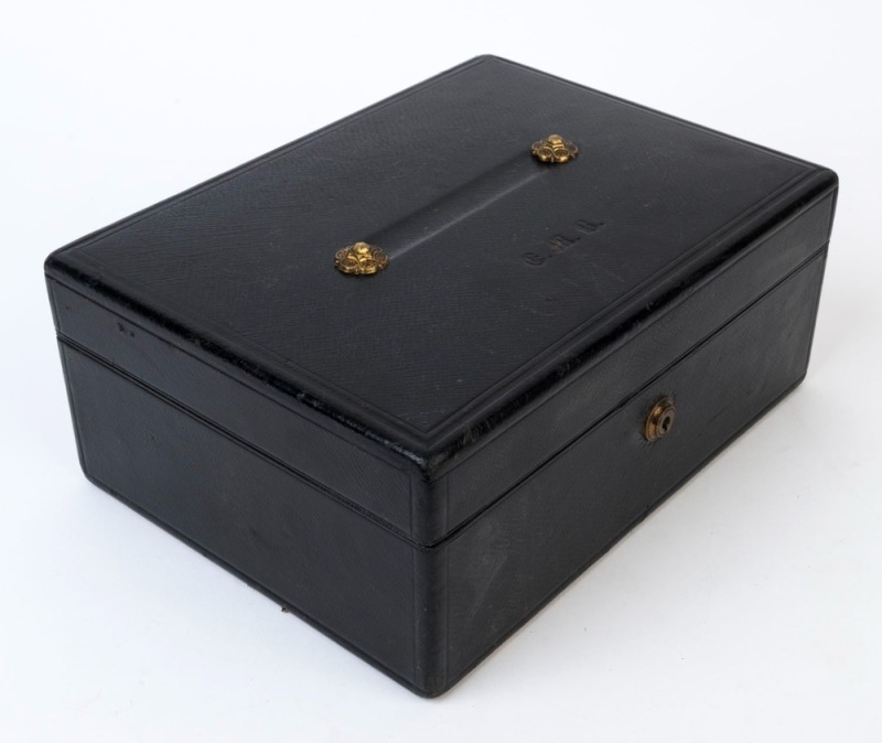 An antique English leather bound travel box by Leughars & Son of London, 19th century, ​​​​​​​12cm high, 28cm wide, 21cm deep