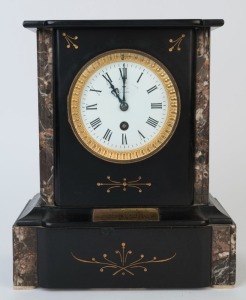 An antique French mantel clock in marble and slate case, time piece only with Roman numerals and Melbourne retailers marks, late 19th century, 29cm high