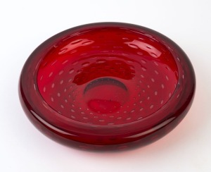 WHITEFRIARS English vintage ruby glass fruit bowl with boule inclusions, circa 1960s, ​​​​​​​25cm diameter