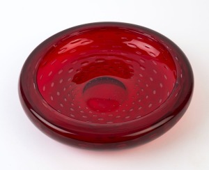 WHITEFRIARS English vintage ruby glass fruit bowl with boule inclusions, circa 1960s, 25cm diameter