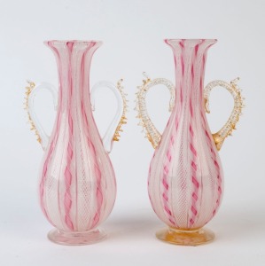 A near pair of pink and white latticino Murano glass vases, early to mid 20th century, 15cm high