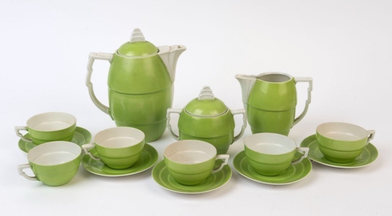 Czechoslovakian green porcelain Art Deco tea ware, setting for six (minus one saucer), circa 1930 (14 pieces), the teapot 18cm high