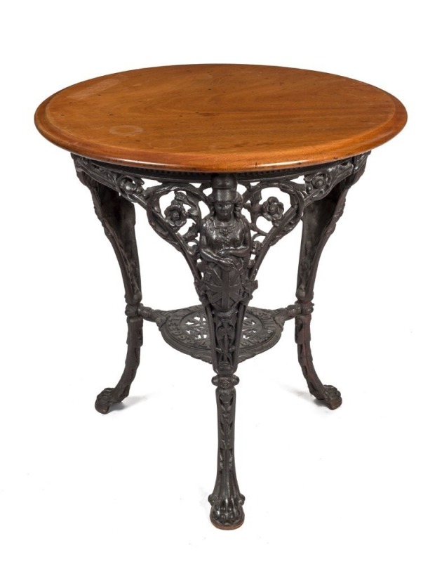 An antique pub table with cast iron Britannia base and timber top, 19th century, 75cm high, 71cm diameter