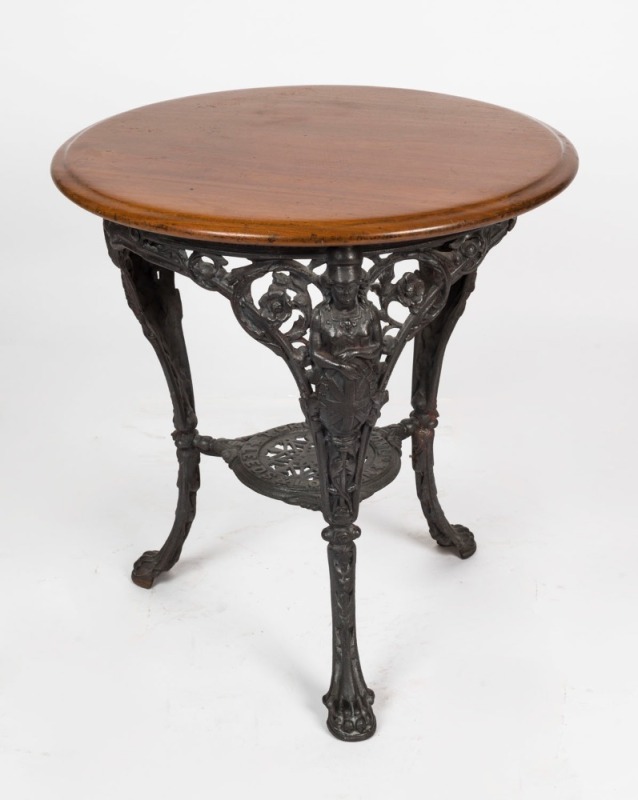 An antique pub table with cast iron Britannia base and timber top, 19th century, 75cm high, 71cm diameter