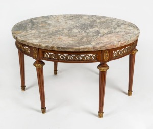 A vintage French circular coffee table with marble top, mid 20th, 45cm high, 81cm diameter