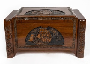 A Chinese carved camphor wood blanket box with sailing ship motif, 20th century, 57cm high, 99cm wide, 42cm deep