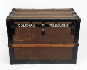 An antique timber and metal bound travel trunk, 19th/20th century, ​​​​​​​with Melbourne details stencilled verso, 61cm high, 85cm wide, 52cm deep - 2