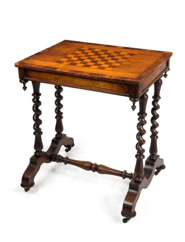 An antique English games top occasional table, rosewood, mahogany and satinwood with barley twist legs, 19th century, 70cm high, 61cm wide, 46cm deep