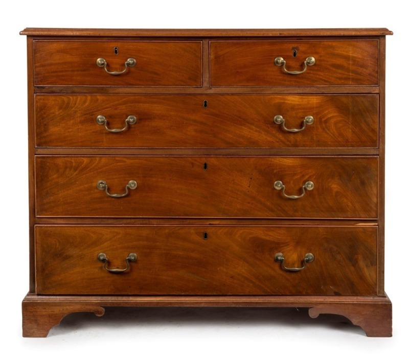 A Georgian mahogany five drawer chest with cockbeading and ogee bracket feet, circa 1800, 94cm high, 109cm wide, 52cm deep