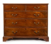 A Georgian mahogany five drawer chest with cockbeading and ogee bracket feet, circa 1800, 94cm high, 109cm wide, 52cm deep