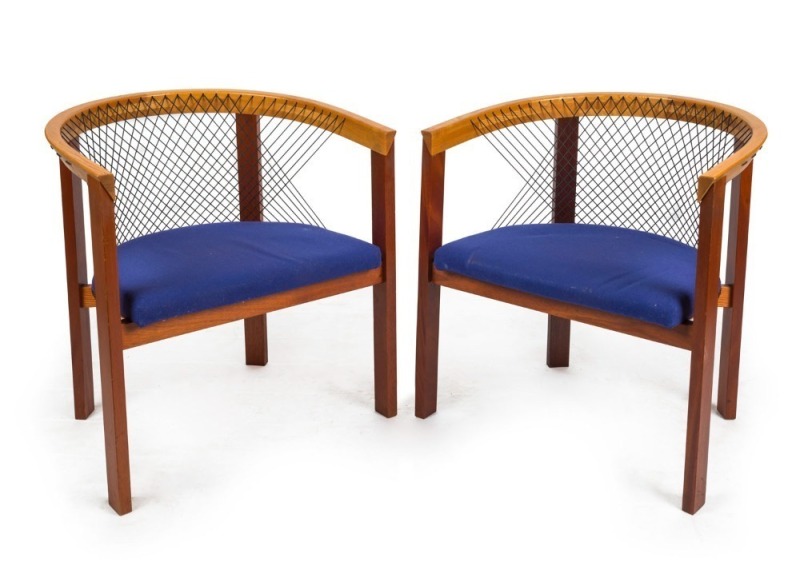 A pair of Danish designer tub chairs with blue upholstered seat and string webbing, circa 1990s, ​​​​​​​62cm across the arms