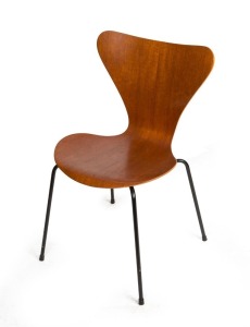 FRITZ HANSEN vintage Danish plywood chair with steel legs, bearing maker's plaque to base