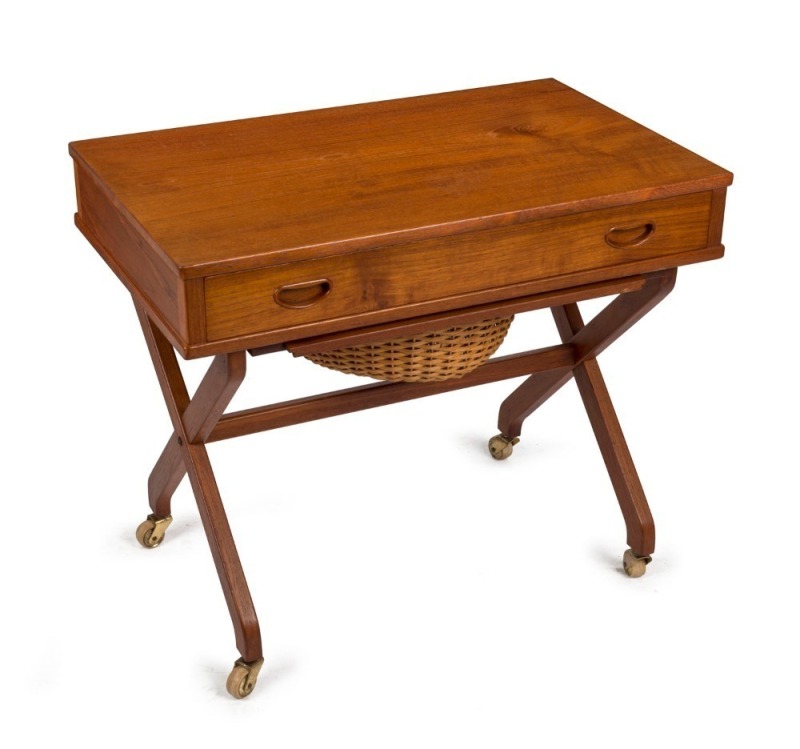 A Danish teak sewing tidy worktable with basket undercarriage, circa 1970, 59cm high, 69cm wide, 43cm deep