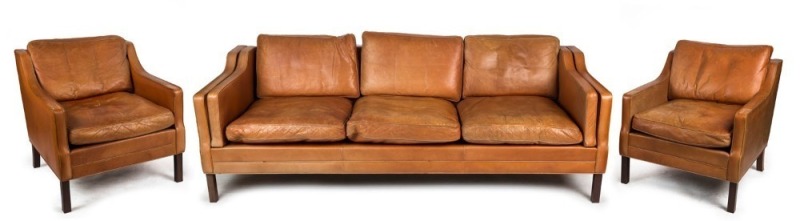 A vintage Scandinavian brown leather three seat settee, 220cm across the arms