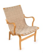 A Scandinavian ash armchair with beige webbing, 60cm across the arms