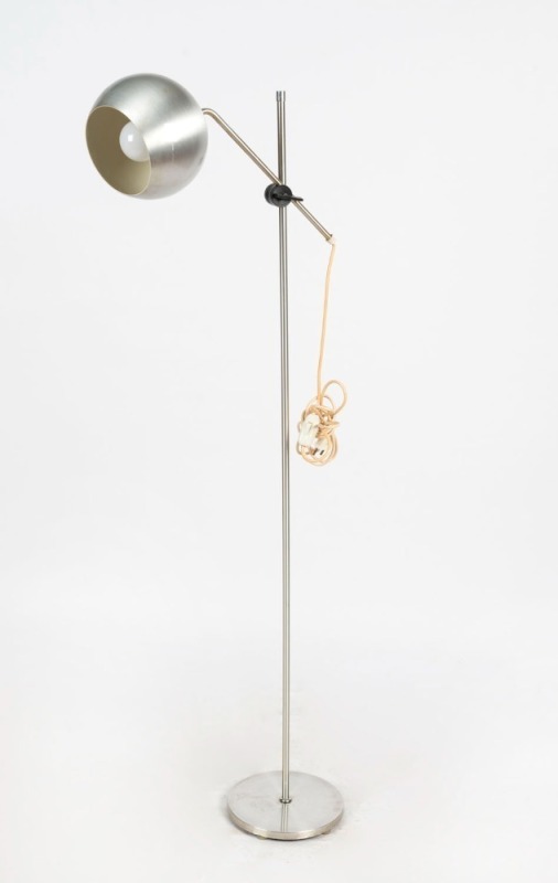 An adjustable standard lamp with spherical metal shade, Note: Plug has been removed, 135cm high