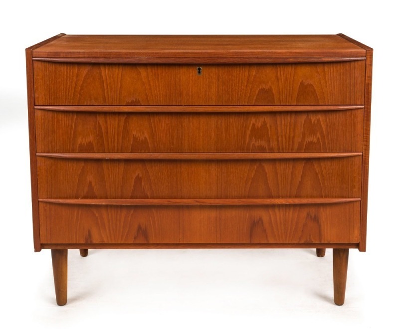 A Scandinavian teak four drawer bedroom chest, circa 1970, 72cm high, 89cm wide, 43cm deep