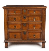 William & Mary antique English oak chest of four drawers with ornate brass escutcheons and drop handles, late 17th century, ​​​​​​​85cm high, 87cm wide, 49cm deep