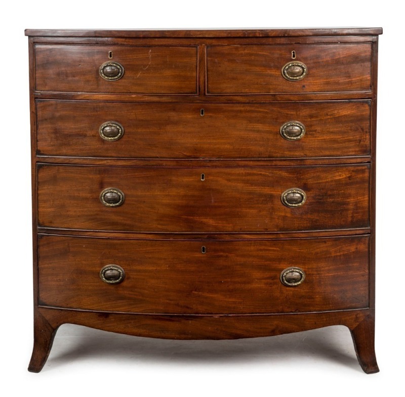 A Georgian mahogany bow front chest of five drawers, early 19th century, ​​​​​​​105cm high, 106cm wide, 54cm deep