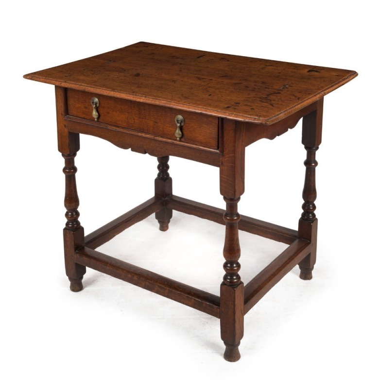 A George I antique English oak occasional table with turned columns and single drawer, early 18th century, 71cm high, 81cm wide, 55cm deep