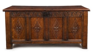 Elizabethan antique English oak monk's coffer with original iron lock, shackle hinges and carved front, late 16th century, 76cm high, 154cm wide, 60cm deep