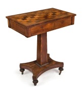 William IV English mahogany and rosewood occasional table with specimen timber checkerboard top, carved melon bun feet, circa 1840, 77cm high, 66cm wide, 40cm deep