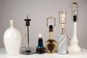 Six assorted vintage table lamp bases including glass, pottery, ceramic and metal, ​​​​​​​Note: Plugs have been removed, the largest 55cm high