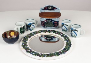 Danish porcelain circular mirror, salt pig, bowl and four coffee mugs, 20th century, (7 items), the mirror 34cm diameter