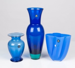 ROYAL COPENHAGEN CRYSTAL group of three blue glass vases, the largest 30cm high