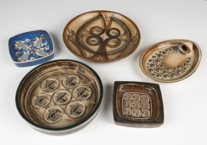 Four Danish pottery bowls and an unusual Danish pottery candle wall sconce, (5 items), the largest 30cm diameter