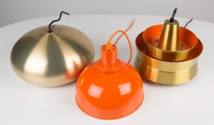 Three vintage Danish orange and gold metal hanging lights, Note: Plugs have been removed, the largest 30cm diameter