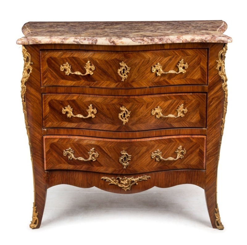 A French serpentine front commode, kingwood with ormolu mounts and rouge marble top, 19th/20th century, 80cm high, 93cm wide, 50cm deep