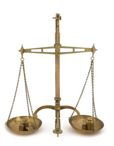 Banker's gold scales and assorted weights by Degrave & Co. London, 19th century, 54cm high