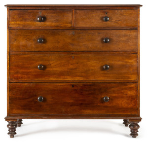 A Colonial five drawer chest, cedar with blackwood handles and huon pine secondary timbers, Tasmanian origin, circa 1840