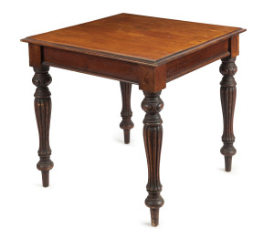 THWAITES (attributed) Colonial centre table, Australian cedar with finely carved and reeded legs, Melbourne origin, circa 1855, 76cm high, 81cm wide, 81cm deep