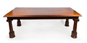 HARRY GOLDMAN nine piece Australian blackwood dining setting with striking Corinthian column legs, circa 1920, comprising a table and eight chairs, bearing maker's plaque, 76cm high, 224cm wide, 115cm deep