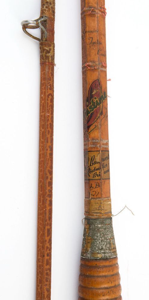 An Australian vintage split cane fishing rod, stamped Pastime Len C.  Butterworth, Rod Maker, Brisbane 274cm overall
