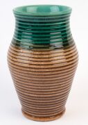 BENDIGO POTTERY, two green and brown glazed vases with ribbed decoration, stamped "No.13", and "BENDIGO POTTERY No.18", ​​​​​​​21cm high - 3