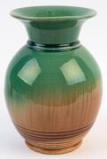 BENDIGO POTTERY, two green and brown glazed vases with ribbed decoration, stamped "No.13", and "BENDIGO POTTERY No.18", ​​​​​​​21cm high - 6