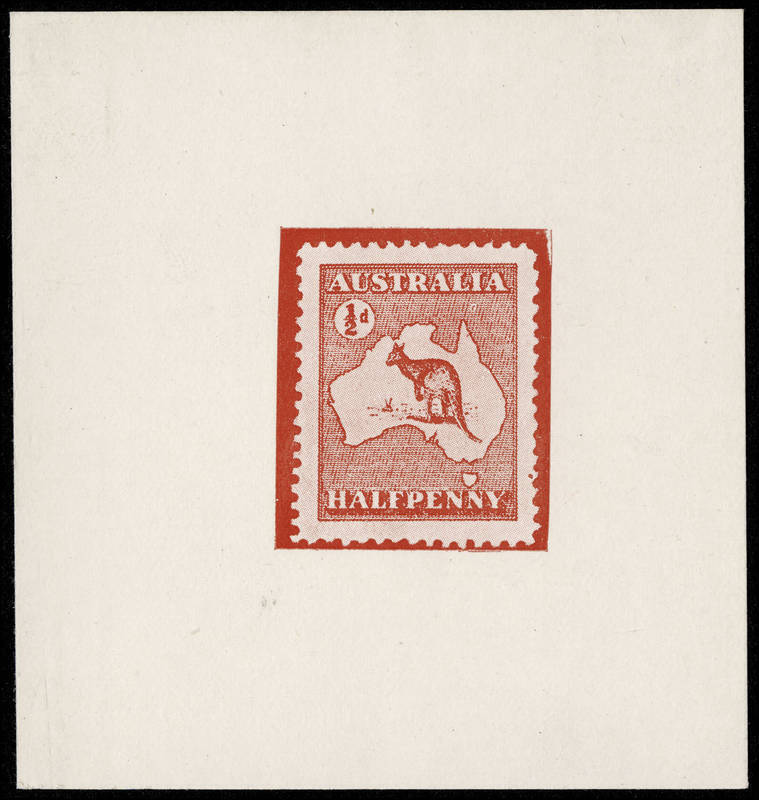 1912 Kangaroo ½d Red, half-tone print on chalk-surfaced paper, being a proof reproduction made by photographing a perforated Type 3 Essay showing the value tablet at top left and a tuft of grass in front of the kangaroo. Imperforate, 72mm x 72mm. Four exa