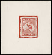 1912 Kangaroo ½d Red, half-tone print on chalk-surfaced paper, being a proof reproduction made by photographing a perforated Type 3 Essay showing the value tablet at top left and a tuft of grass in front of the kangaroo. Imperforate, 72mm x 72mm. Four exa