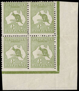 ½d Green, lower right corner block of 4 [2R47-8/59-60], the lower two units being Imperforate at Base, Unit 48 also showing the distinctive Excess colour in bottom right corner" variety BW;1l. Diagonal crease through lower right corner well clear of the s
