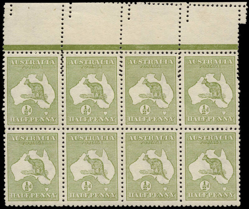 ½d Green, marginal block of 8 from the top of the sheet, the upper 4 units showing Double Perforations [BW: 1bb] vertically, the margin also showing misplaced perforations.