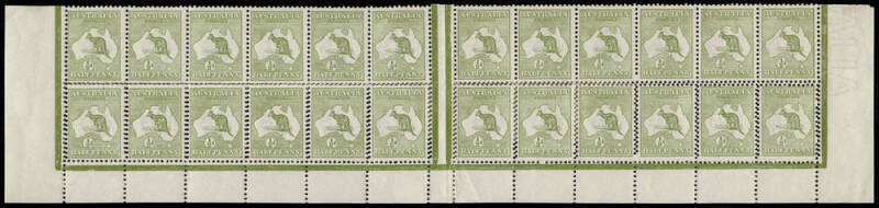 ½d Green, interpanneau block of 24 (12x2) with both No Monogram blocks [BW:1z/za], the upper units with Double Perforations at Base and the lower units with Double Perforations on Three Sides [BW:1bb/bc], some almost inevitable perf splitting has been nea