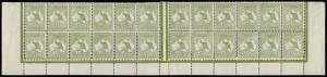 ½d Green, interpanneau block of 24 (12x2) with both No Monogram blocks [BW:1z/za], the upper units with Double Perforations at Base and the lower units with Double Perforations on Three Sides [BW:1bb/bc], some almost inevitable perf splitting has been nea